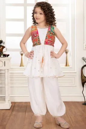 Cream Sequins Work Dhoti Set With Zari Work Overcoat For Girls