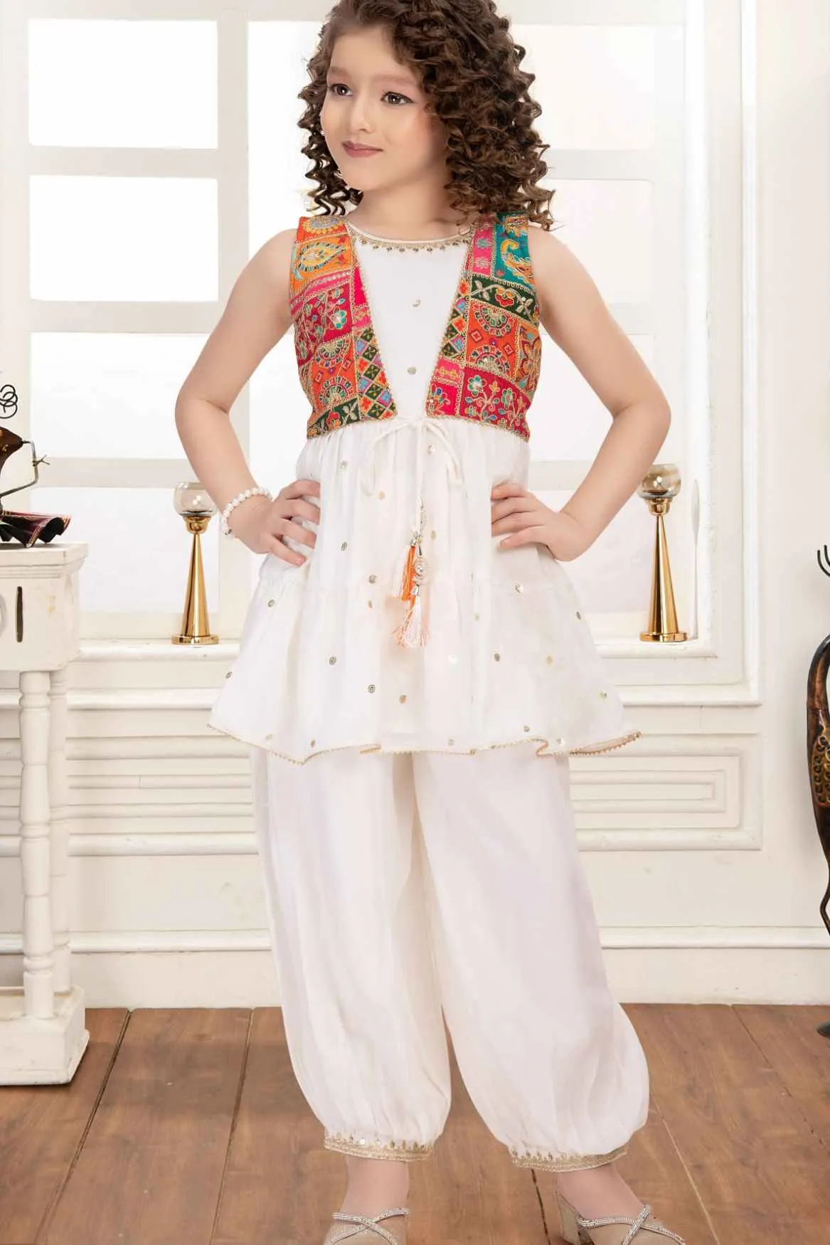 Cream Sequins Work Dhoti Set With Zari Work Overcoat For Girls