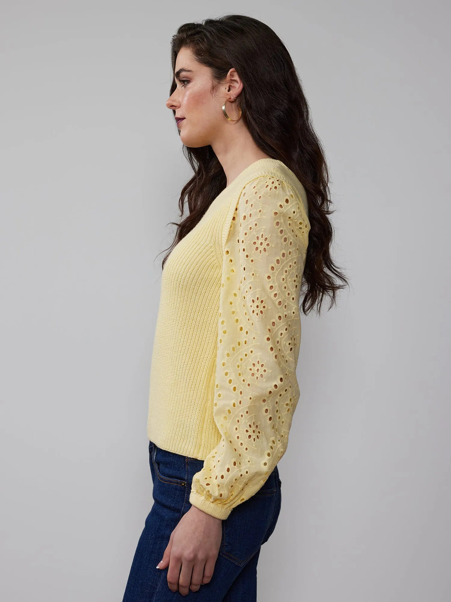 Crew Neck Eyelet Long Sleeve Pullover