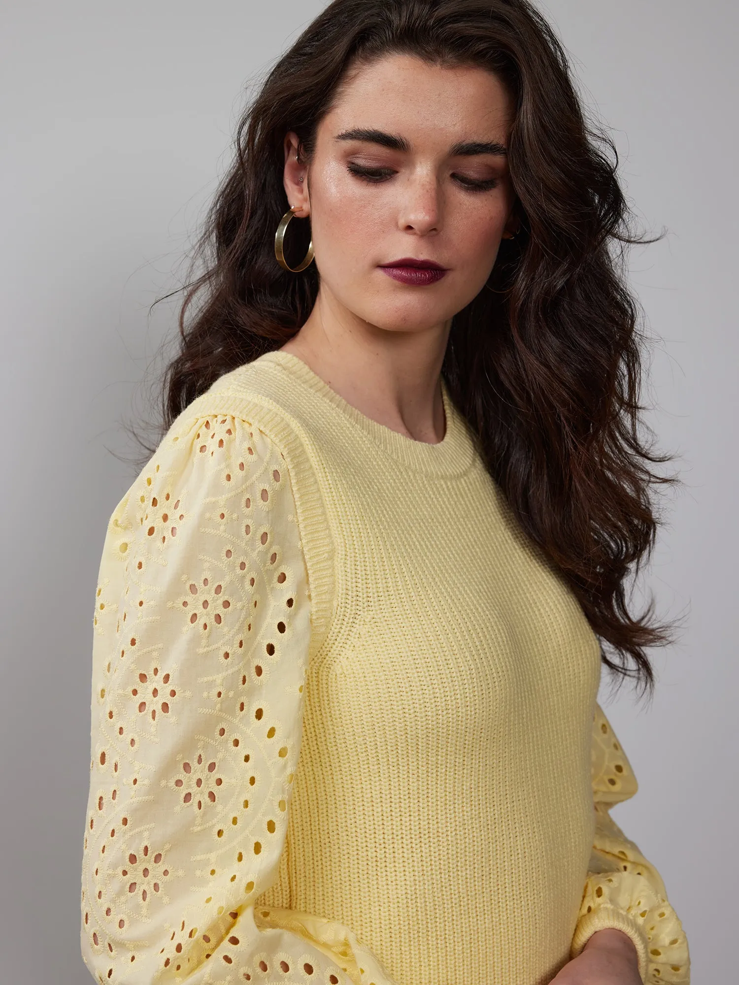 Crew Neck Eyelet Long Sleeve Pullover