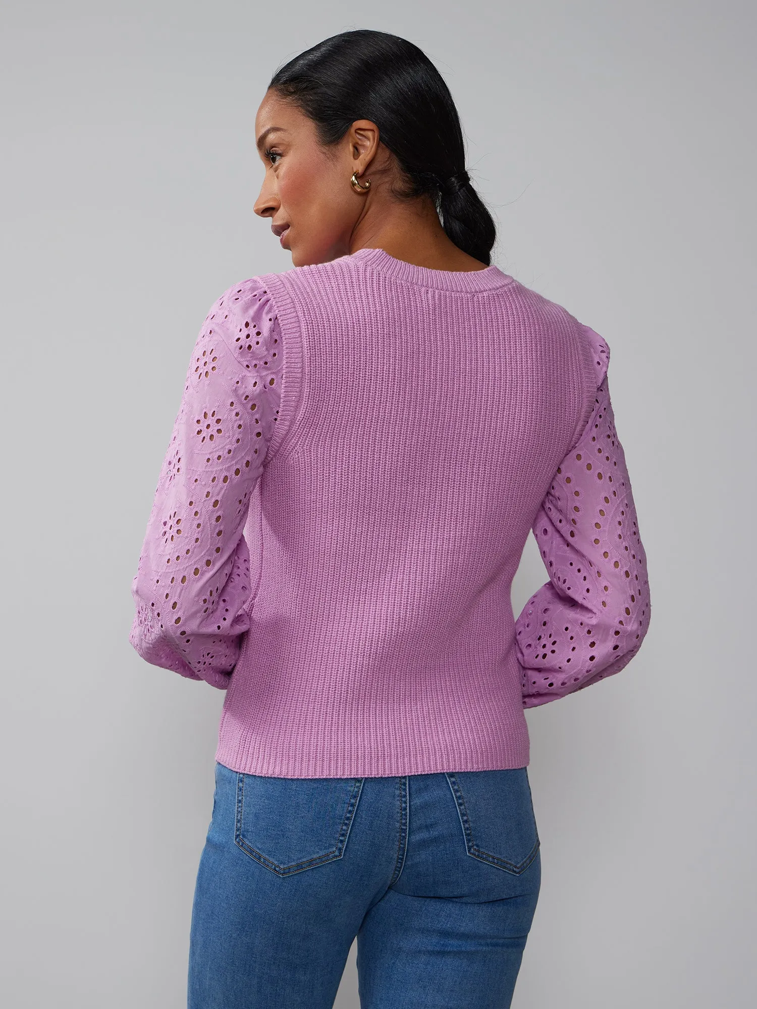 Crew Neck Eyelet Long Sleeve Pullover