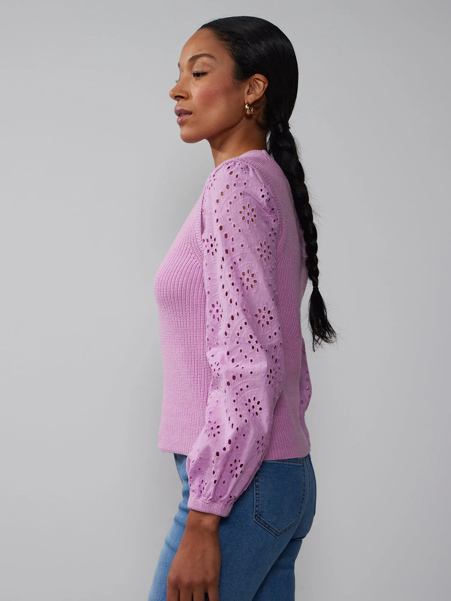 Crew Neck Eyelet Long Sleeve Pullover