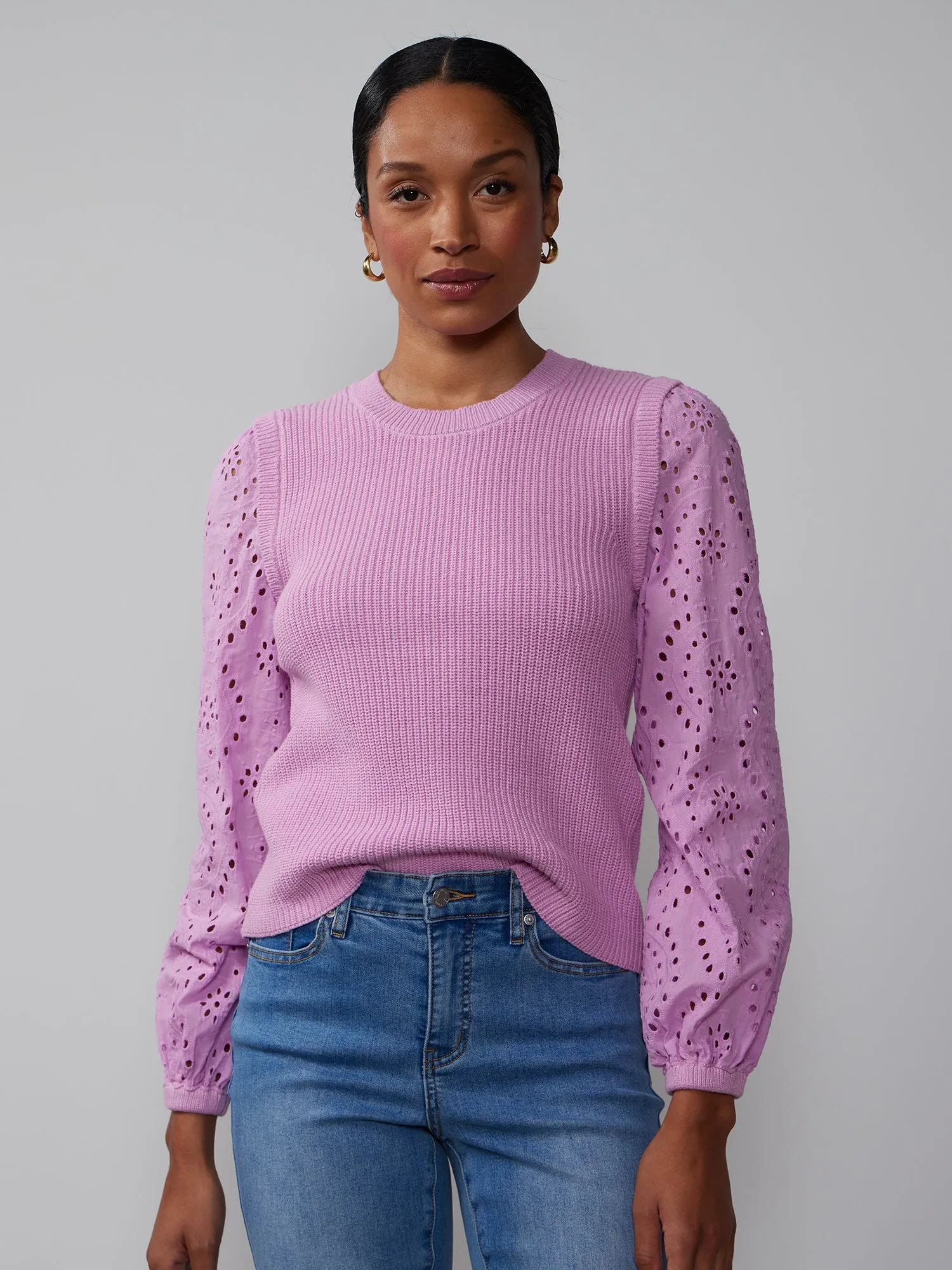 Crew Neck Eyelet Long Sleeve Pullover
