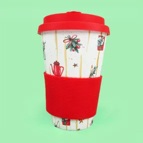 Eco-Friendly Reusable Plant Fiber 14 oz Travel Mug with Christmas Vintage Red Truck Barnyard Style Design