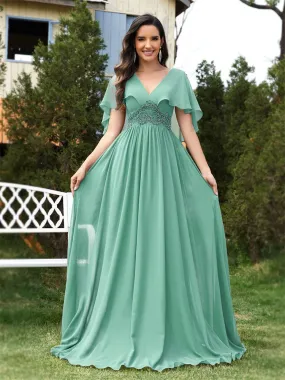 Elegant Chiffon Flared Sleeves Green Evening Dress