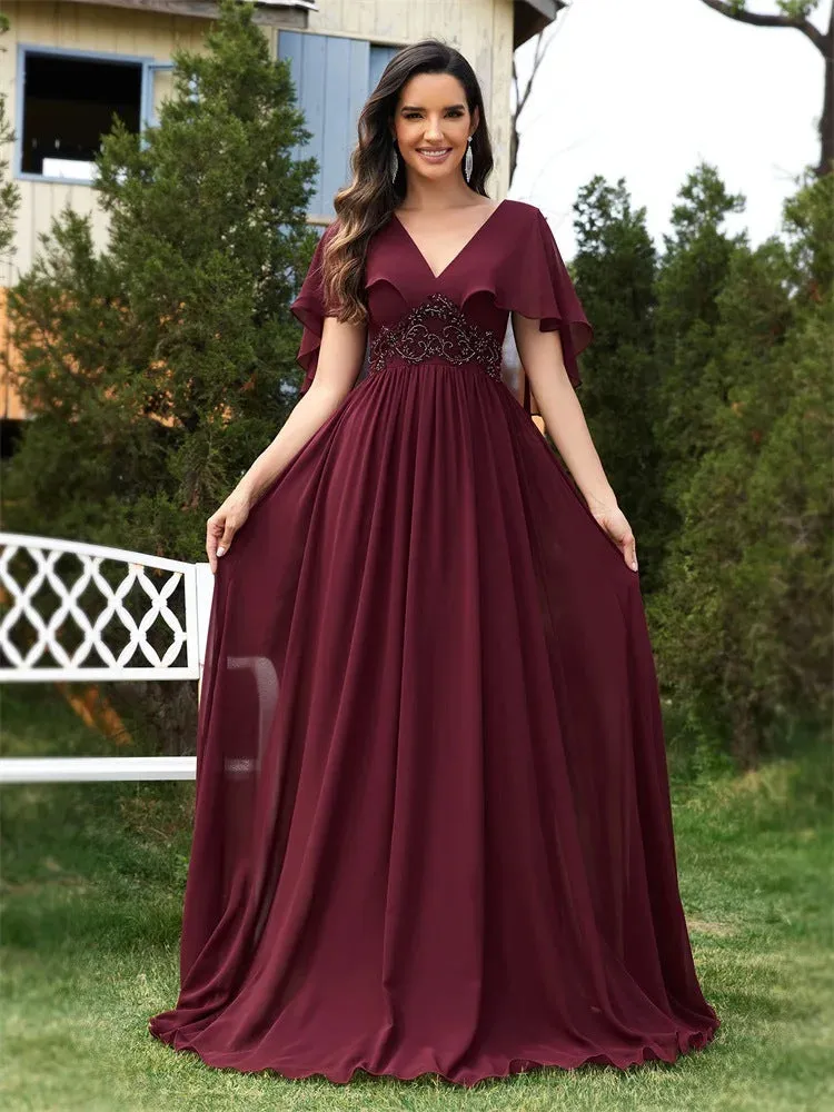 Elegant Chiffon Flared Sleeves Green Evening Dress