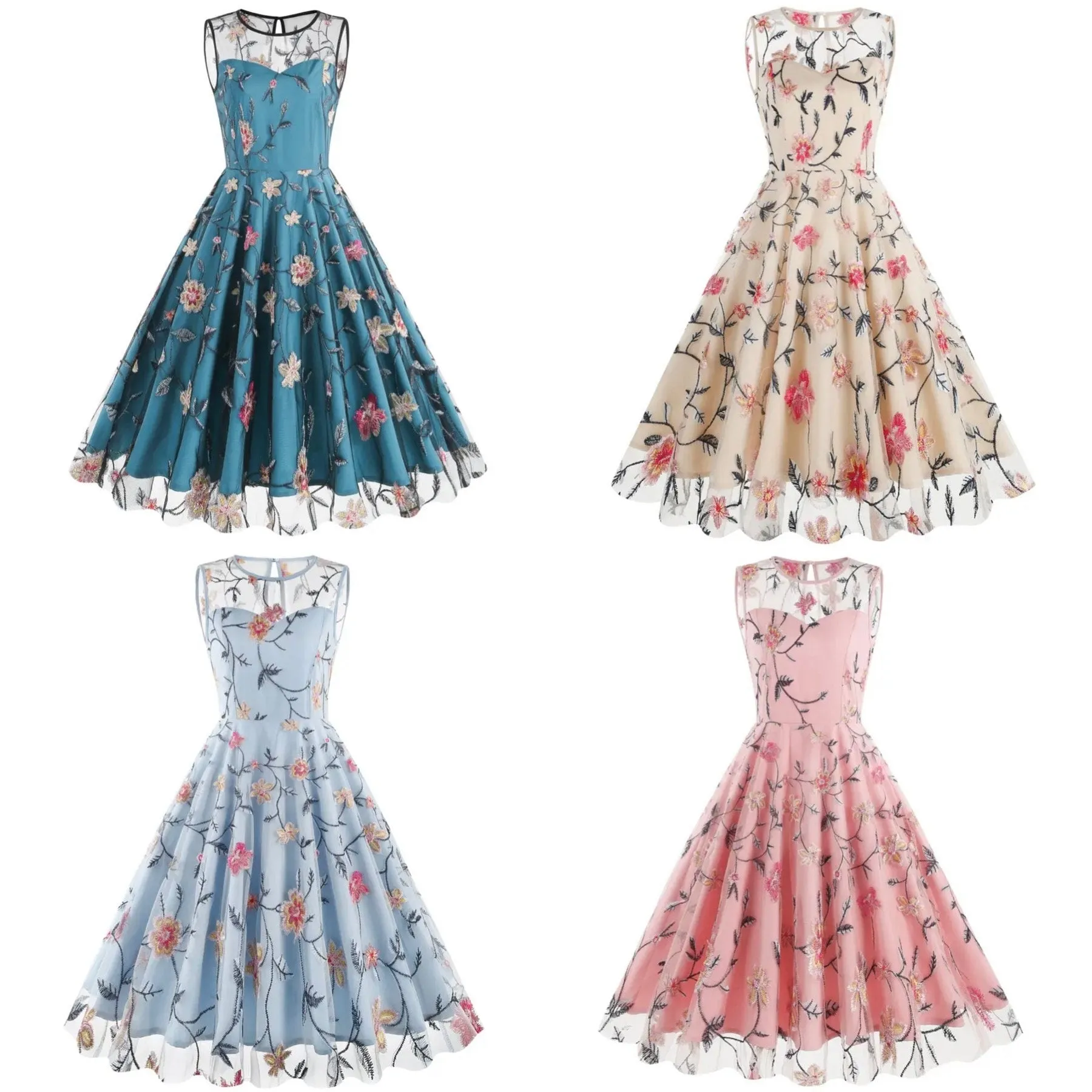 Embroidered Flower Tulle Dress - Other Colours