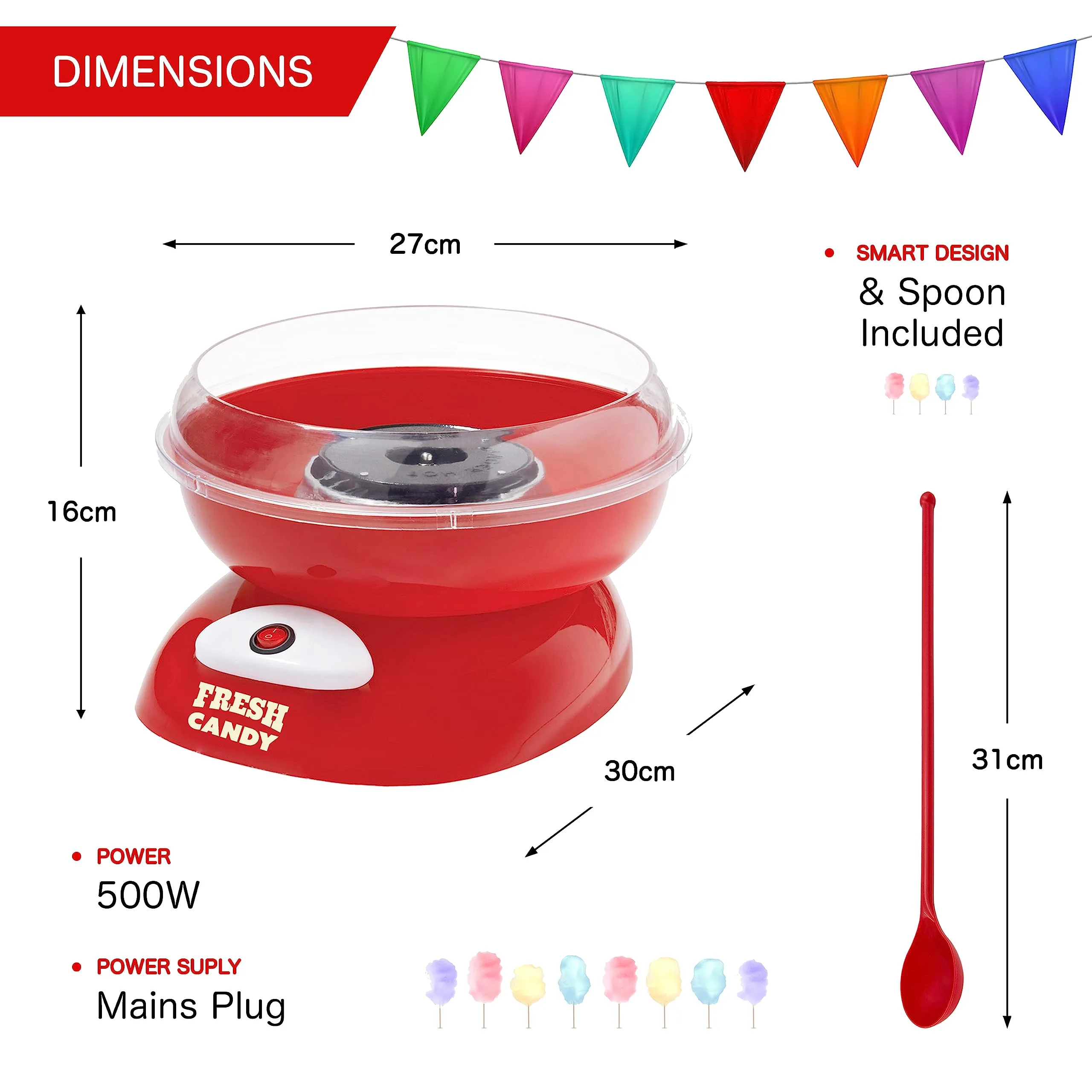 Global Gizmos 51560 Premium Candy Floss Maker / 500W / Retro Carnival Style Machine/Spinning Tool Included/Non-Slip Base / 30cm x 32cm