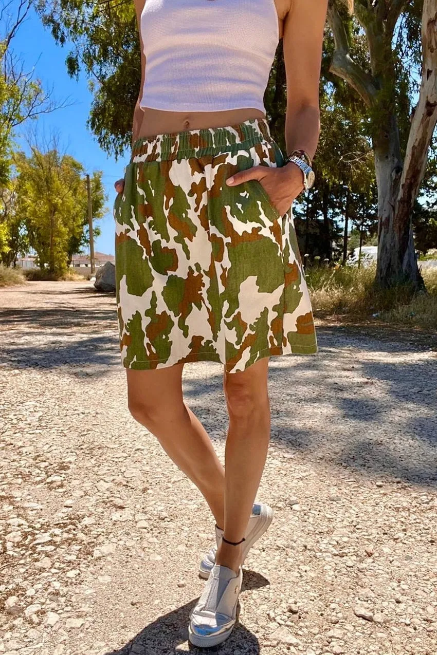 GNS Women's Camouflage High Waist Elastic Waistband Pocket Camouflage Pattern Gabardine Mini Skirt BST3640 - Rome