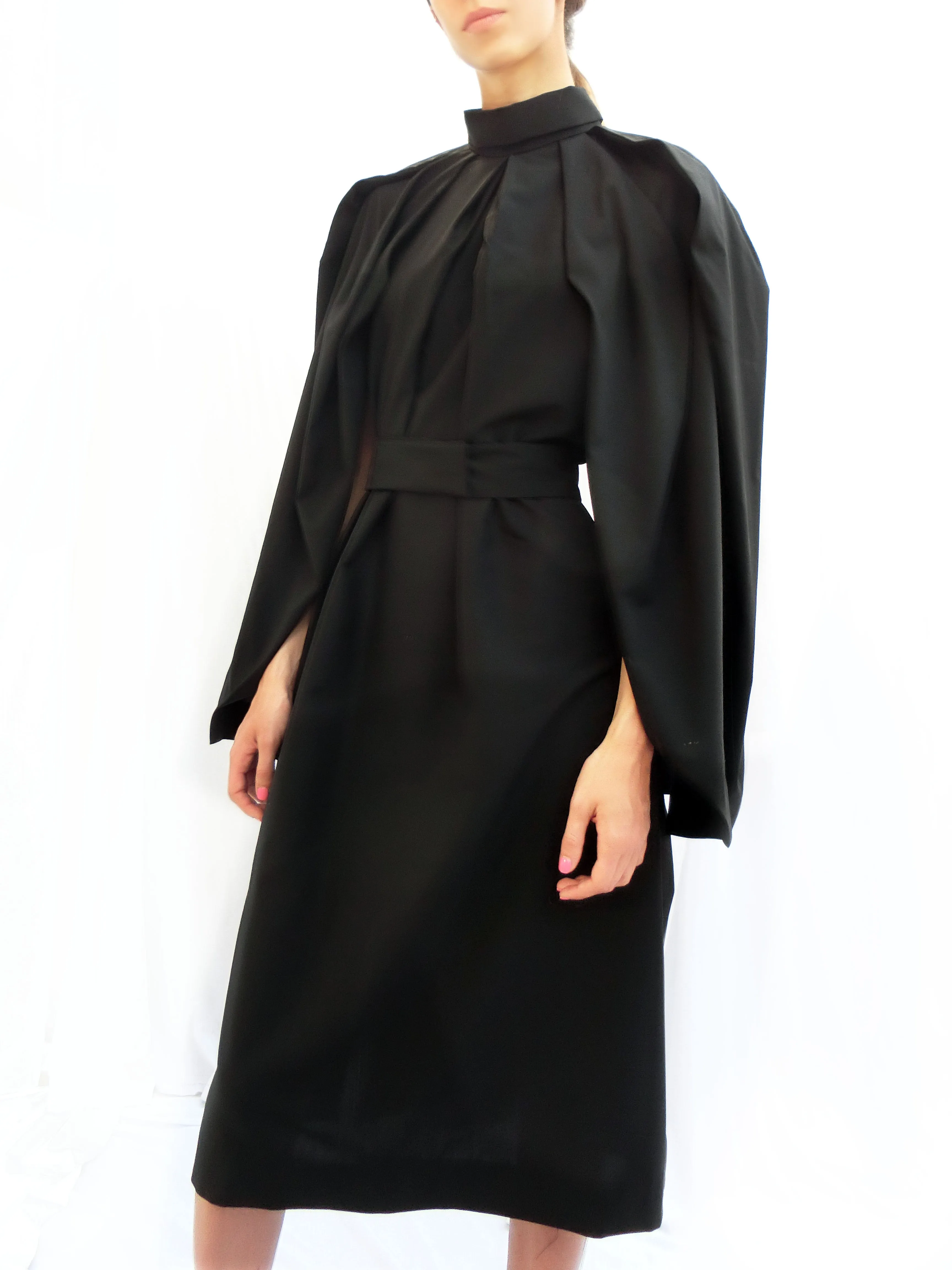 High Collar Anglar Pleated Dress / Black / 100% Virgin Wool
