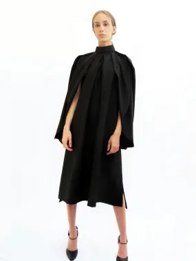 High Collar Anglar Pleated Dress / Black / 100% Virgin Wool