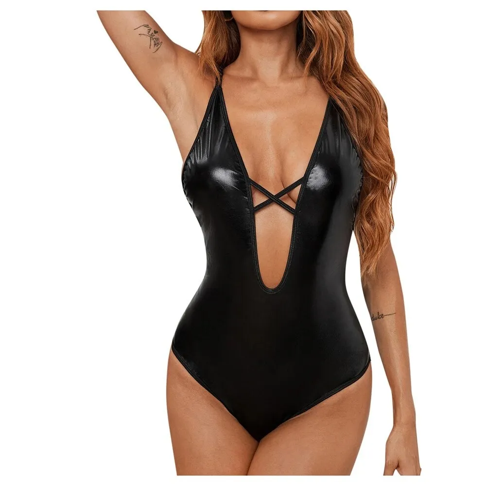 Intimate PU Leather Lingerie for Ladies / Women's Erotic Underwear Sets / Black Sexy Bodysuit