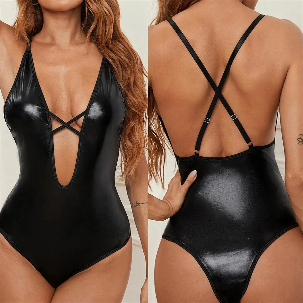 Intimate PU Leather Lingerie for Ladies / Women's Erotic Underwear Sets / Black Sexy Bodysuit