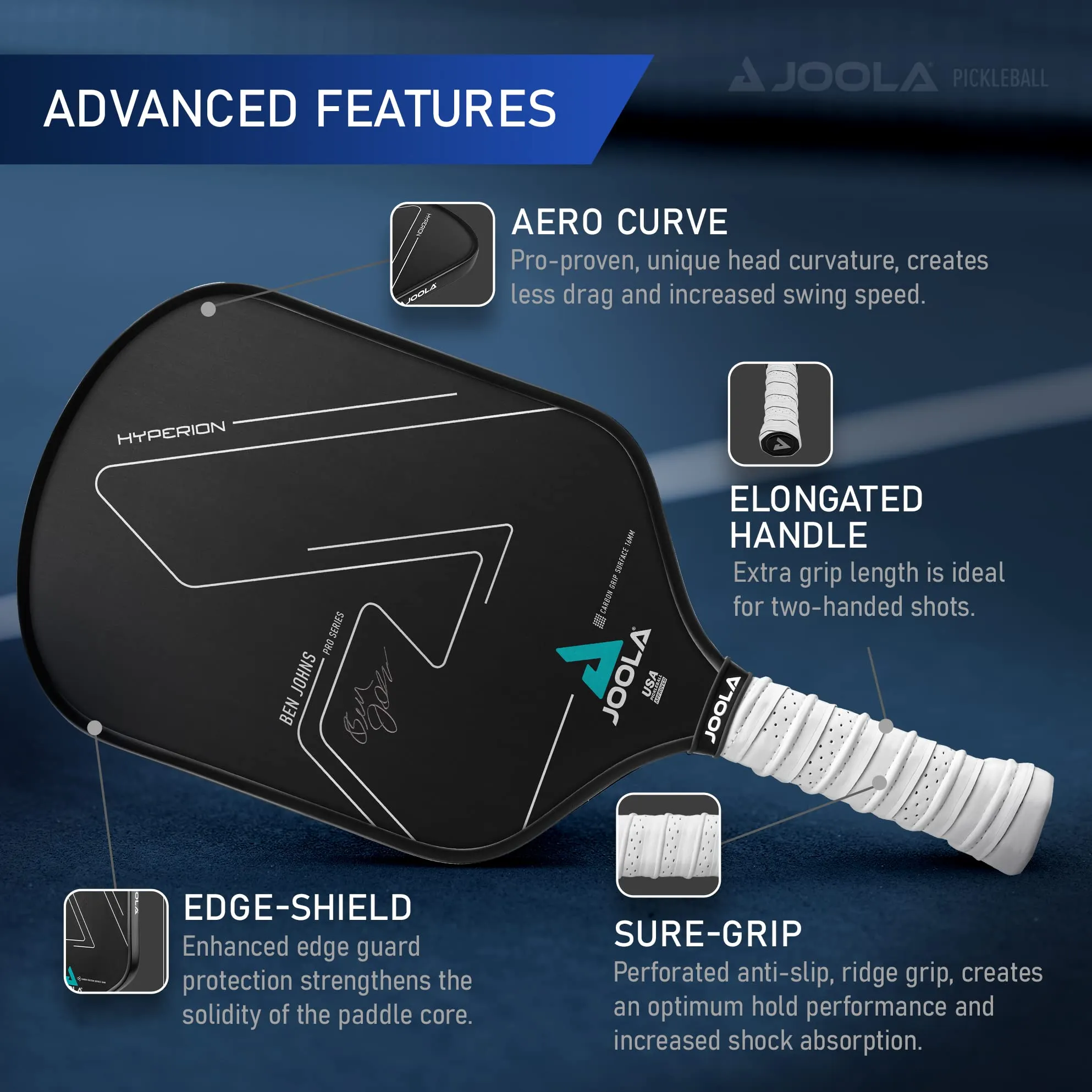 JOOLA Ben Johns Hyperion CGS 16mm Pickleball Paddle - Textured Carbon Grip Surface Technology for Spin & Control with Added Power - Polypropylene Honeycomb Core Pickleball Racket