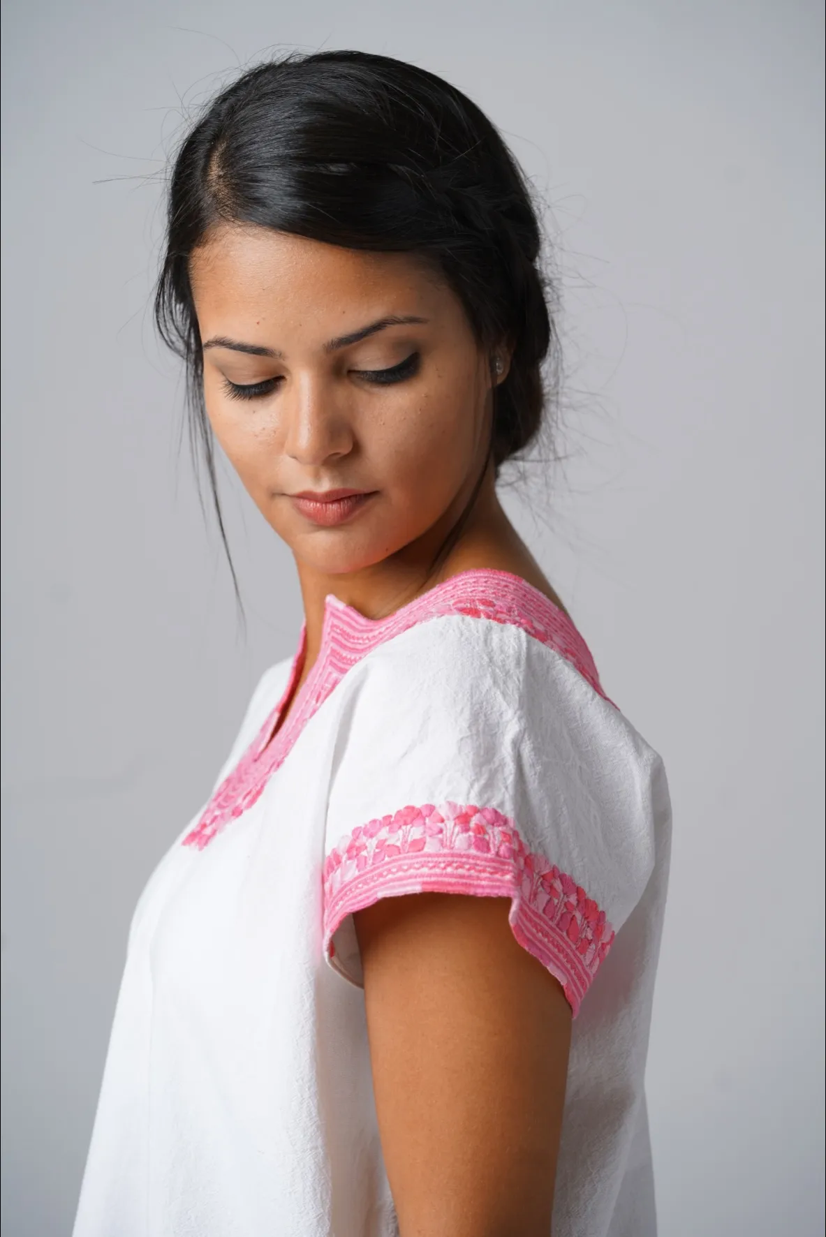 Kahlo Mexican Top  - Cotton - White, Pink
