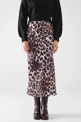 Leopard Print Satin Midi Skirt