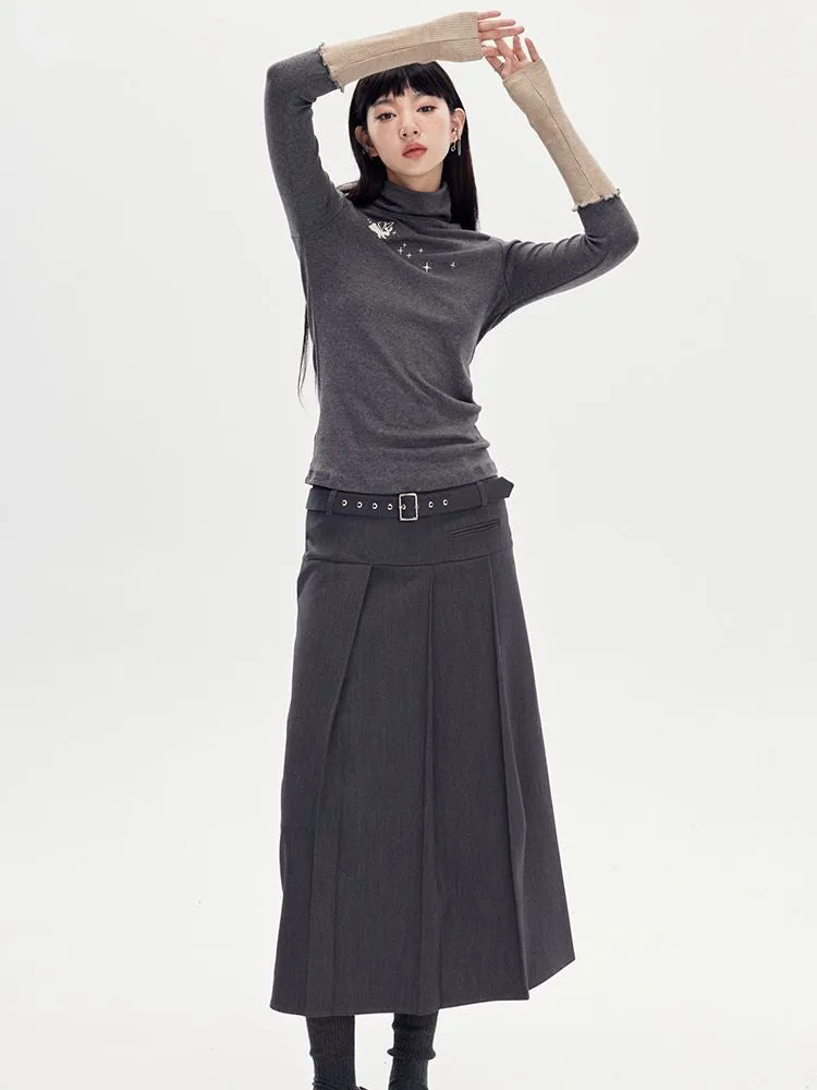 Long Box-Pleats Plain Skirt