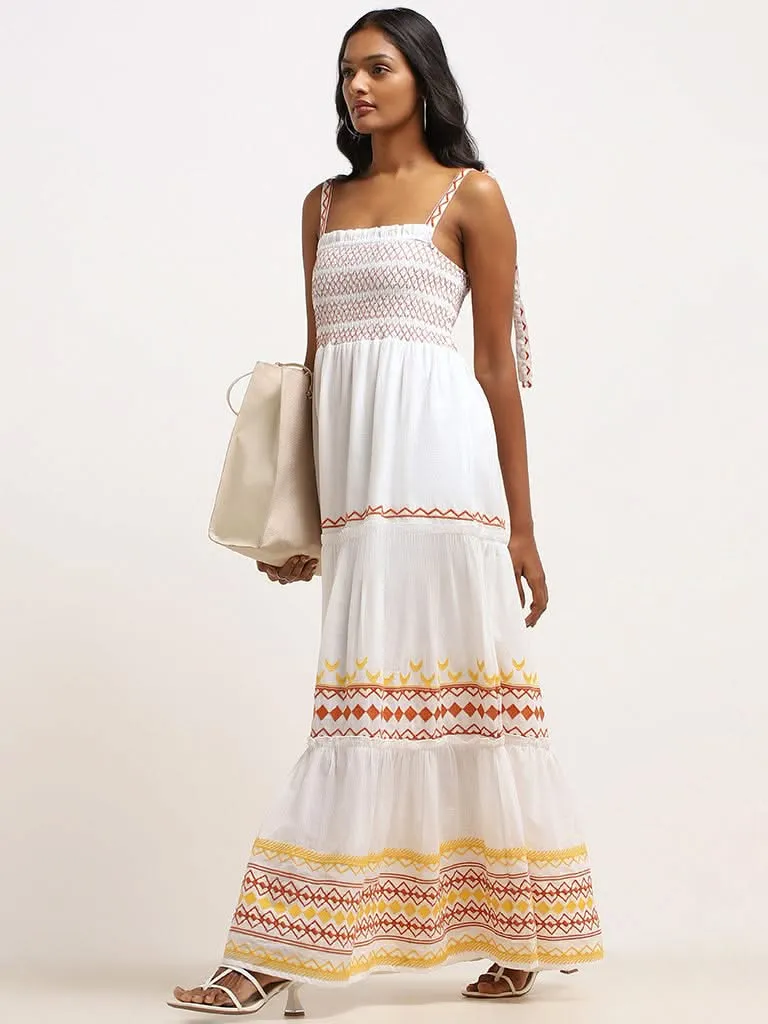 LOV White Embroidered Cotton Tiered Maxi Dress