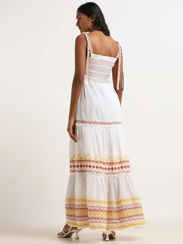 LOV White Embroidered Cotton Tiered Maxi Dress
