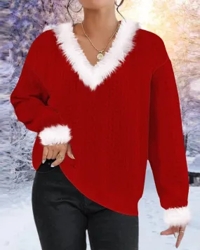 Maris Paris Weihnachts Pullover | Gemütlicher roter Pullover mit Fellkragen für Damen