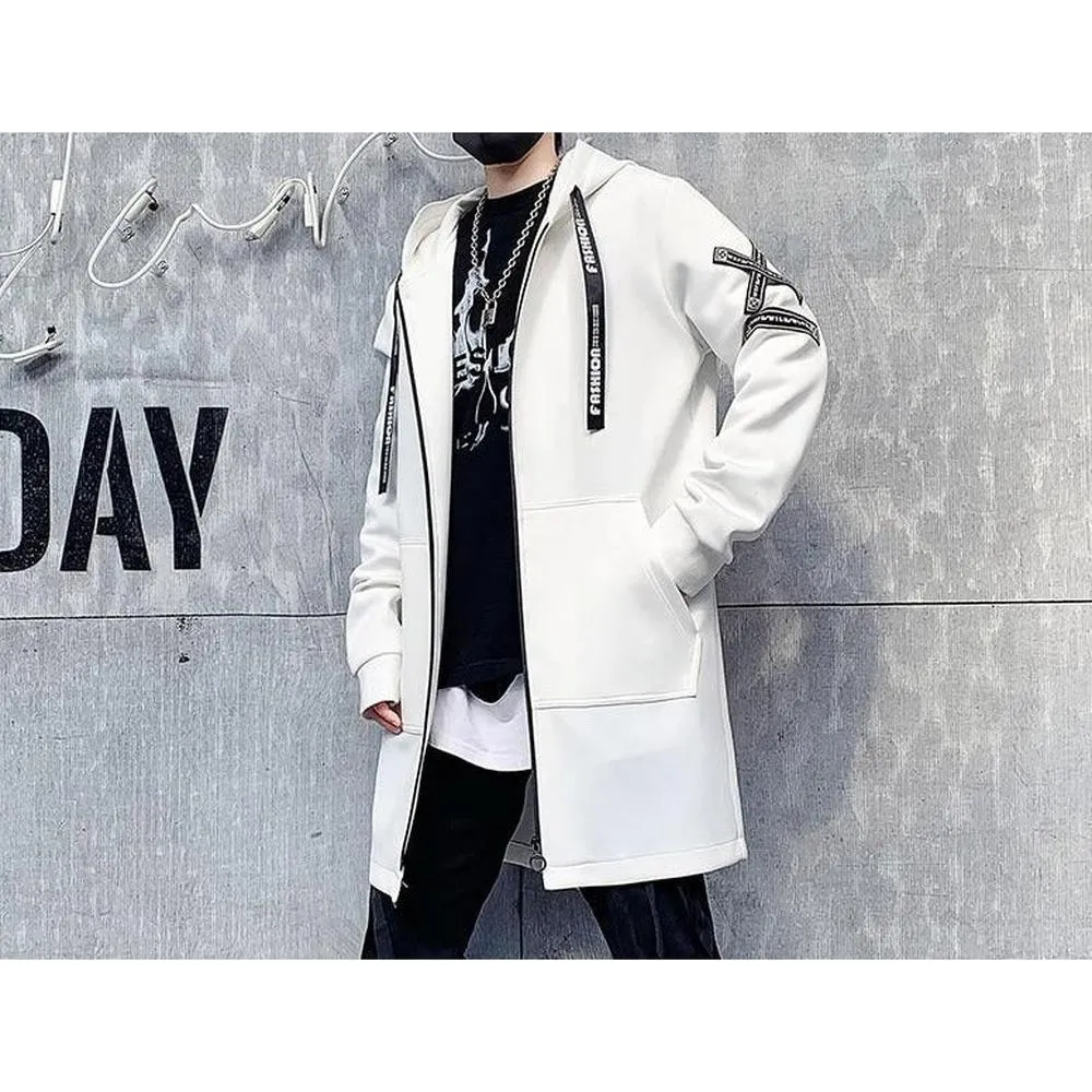 Men Print Harajuku Windbreaker Ribbon Overcoat Hooded Jackets