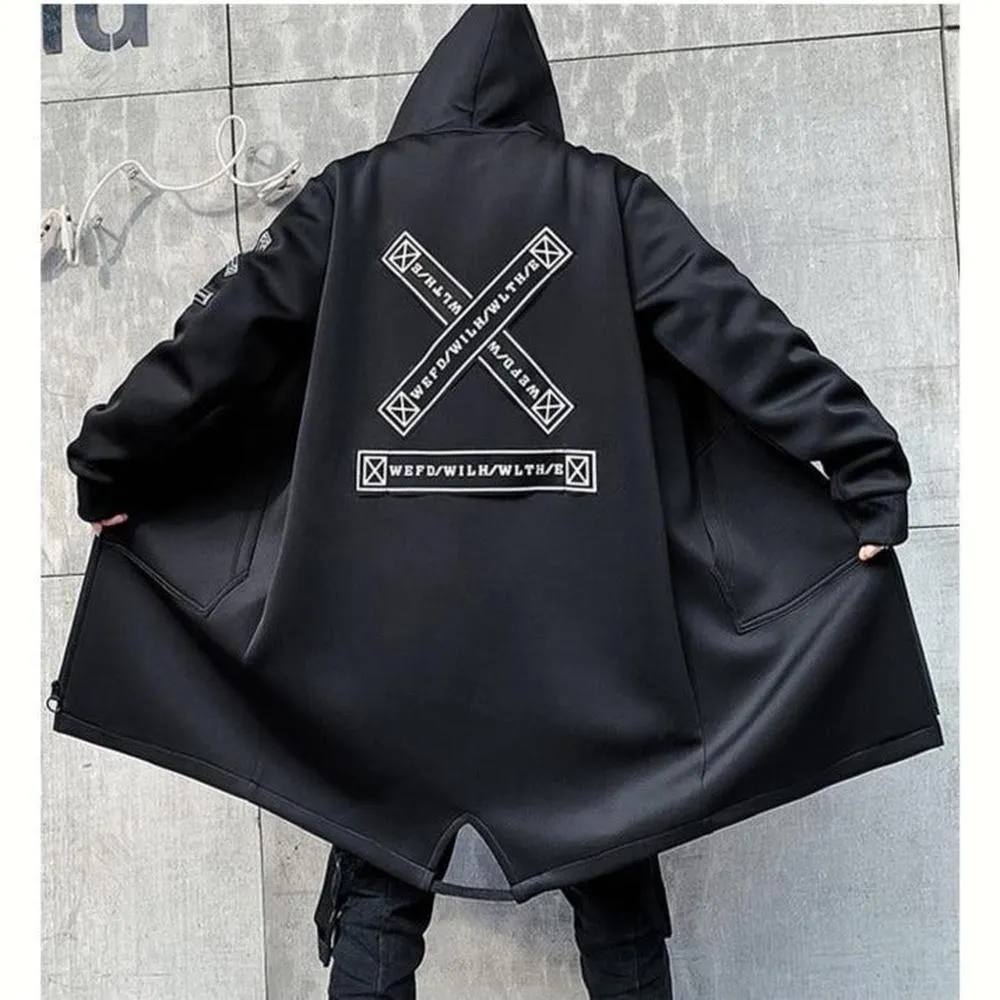 Men Print Harajuku Windbreaker Ribbon Overcoat Hooded Jackets