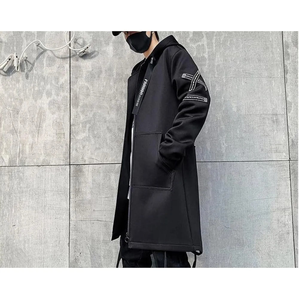Men Print Harajuku Windbreaker Ribbon Overcoat Hooded Jackets