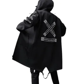Men Print Harajuku Windbreaker Ribbon Overcoat Hooded Jackets
