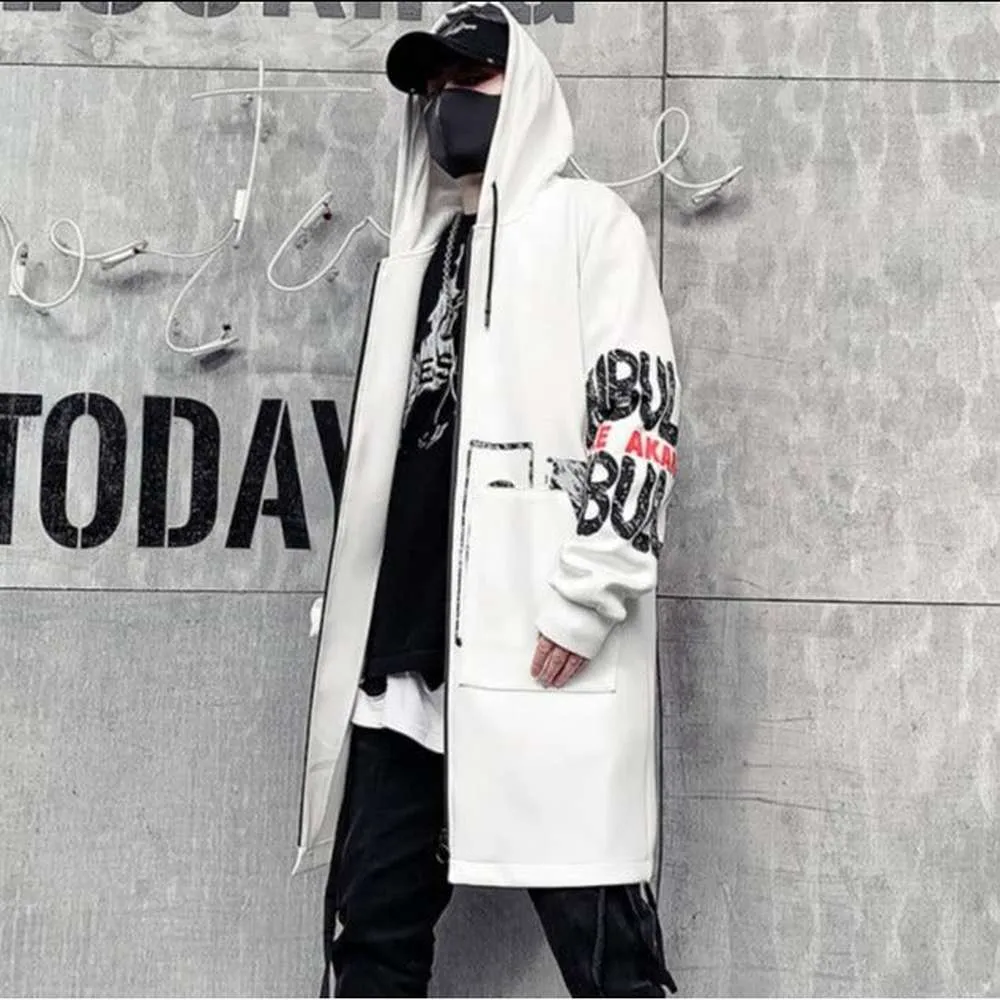 Men Print Harajuku Windbreaker Ribbon Overcoat Hooded Jackets