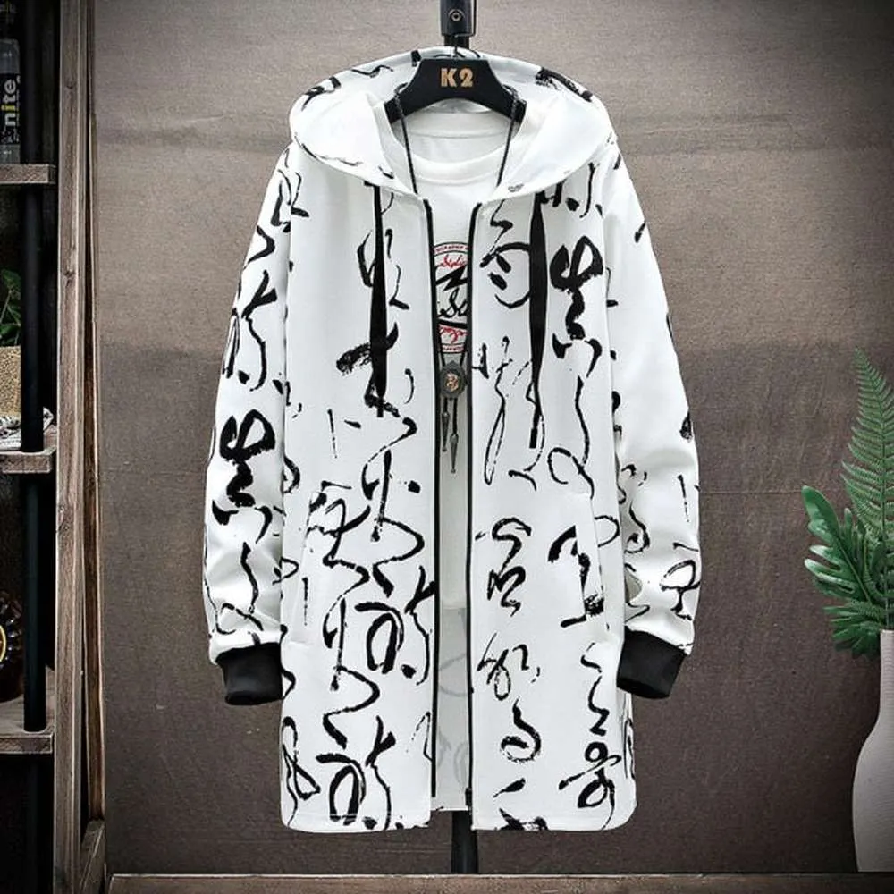 Men Print Harajuku Windbreaker Ribbon Overcoat Hooded Jackets