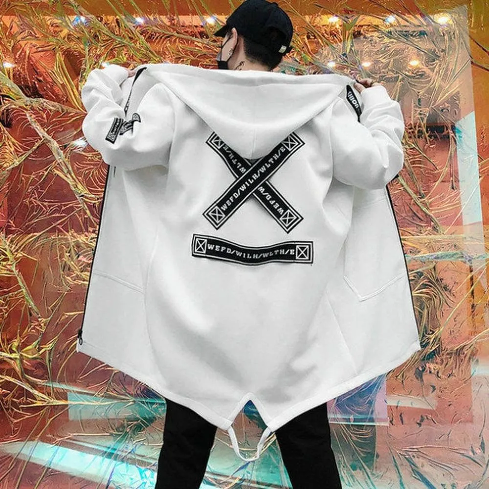 Men Print Harajuku Windbreaker Ribbon Overcoat Hooded Jackets