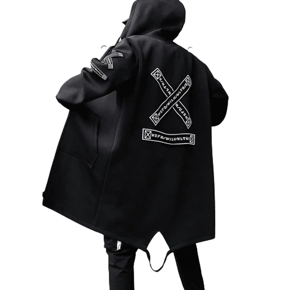 Men Print Harajuku Windbreaker Ribbon Overcoat Hooded Jackets