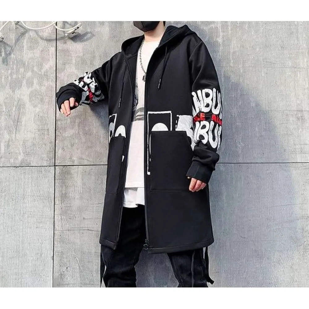 Men Print Harajuku Windbreaker Ribbon Overcoat Hooded Jackets