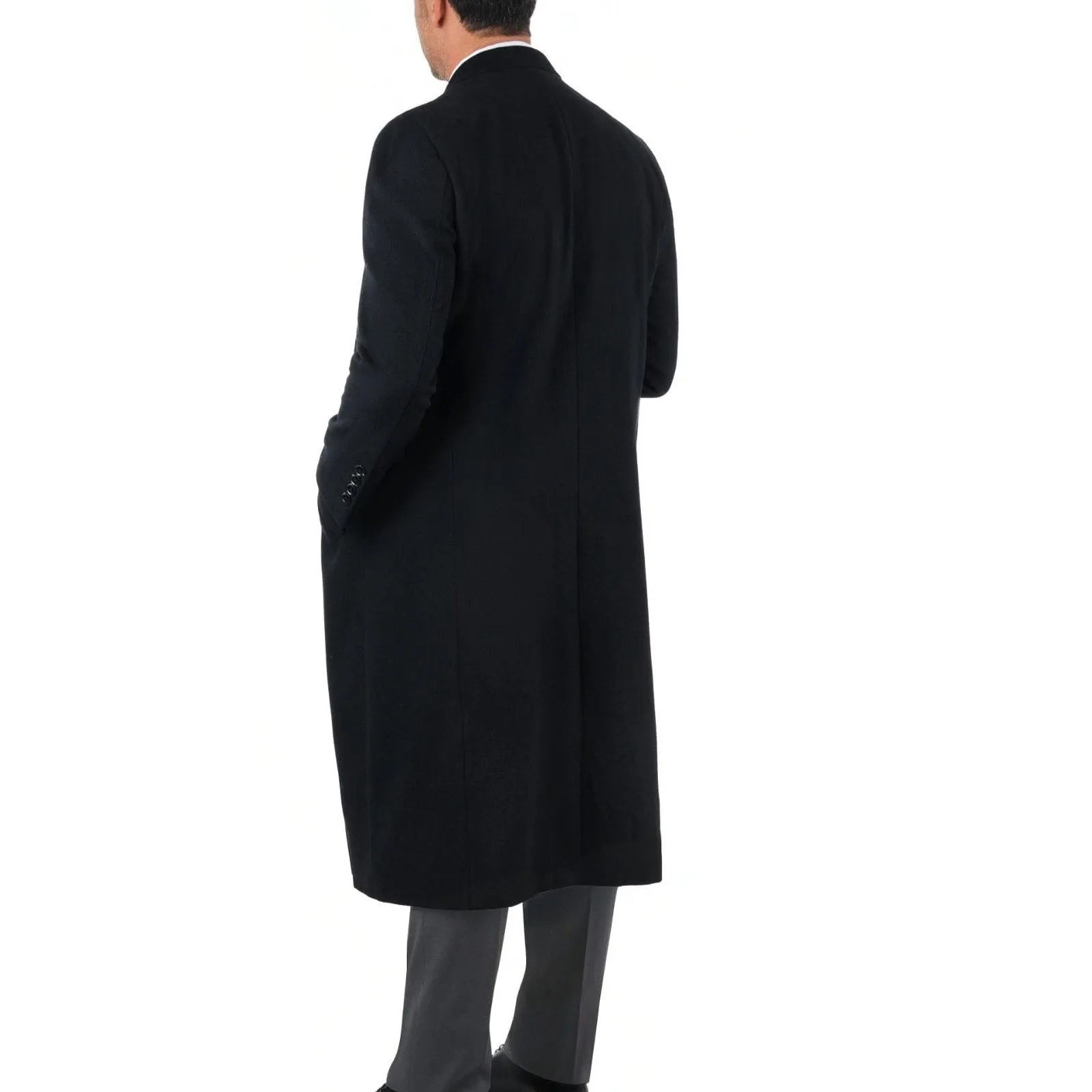 Mens Classic Fit Black Full Length Single Breasted Wool Cashmere Overcoat