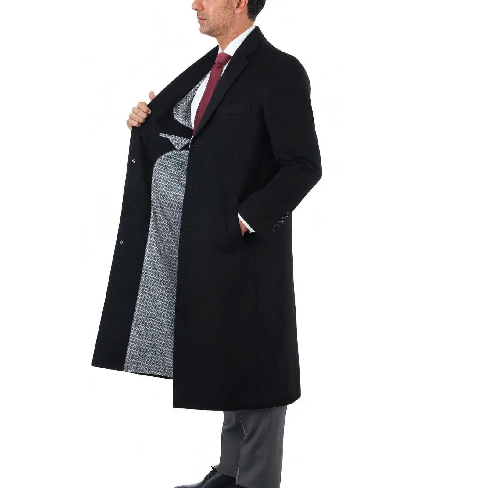 Mens Classic Fit Black Full Length Single Breasted Wool Cashmere Overcoat