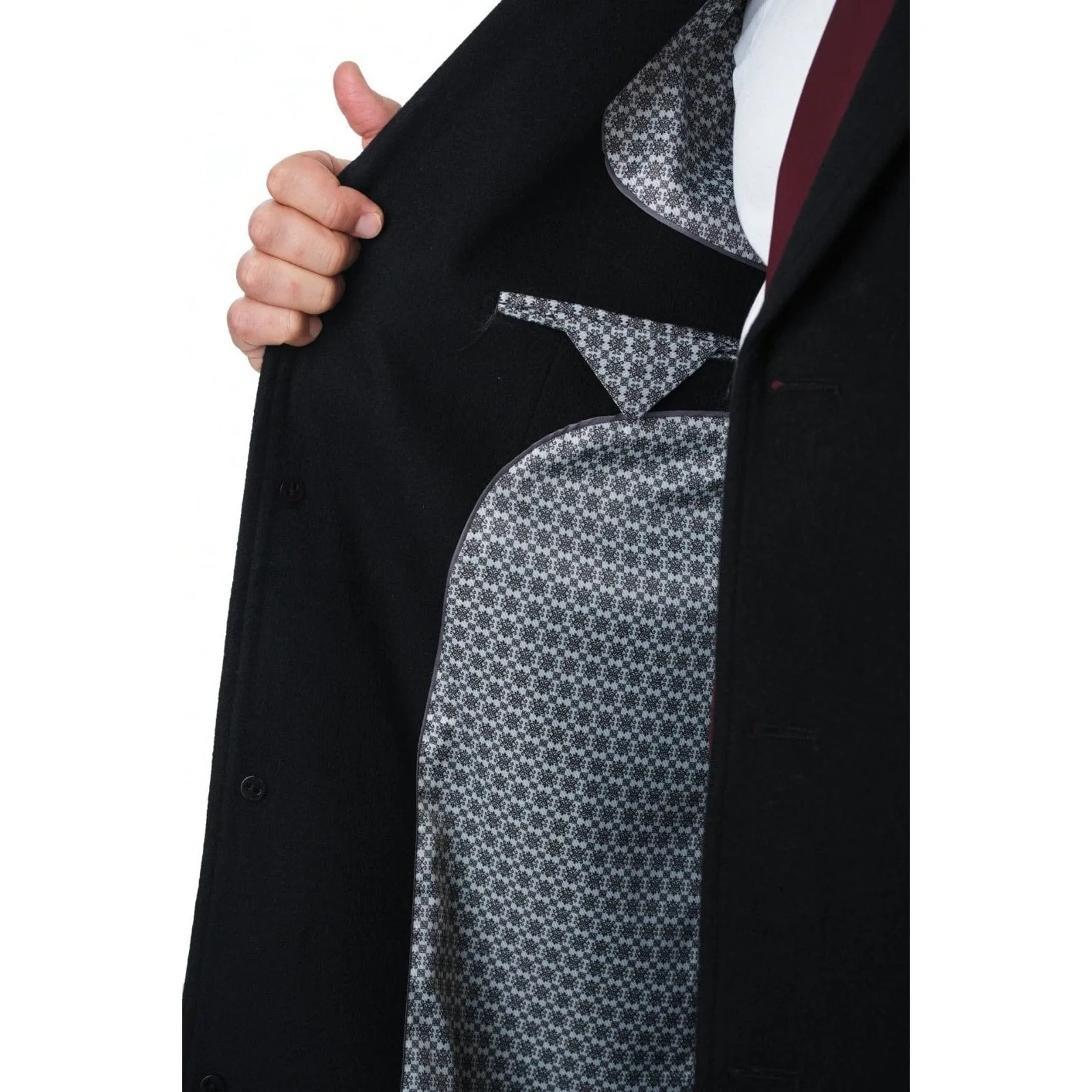 Mens Classic Fit Black Full Length Single Breasted Wool Cashmere Overcoat