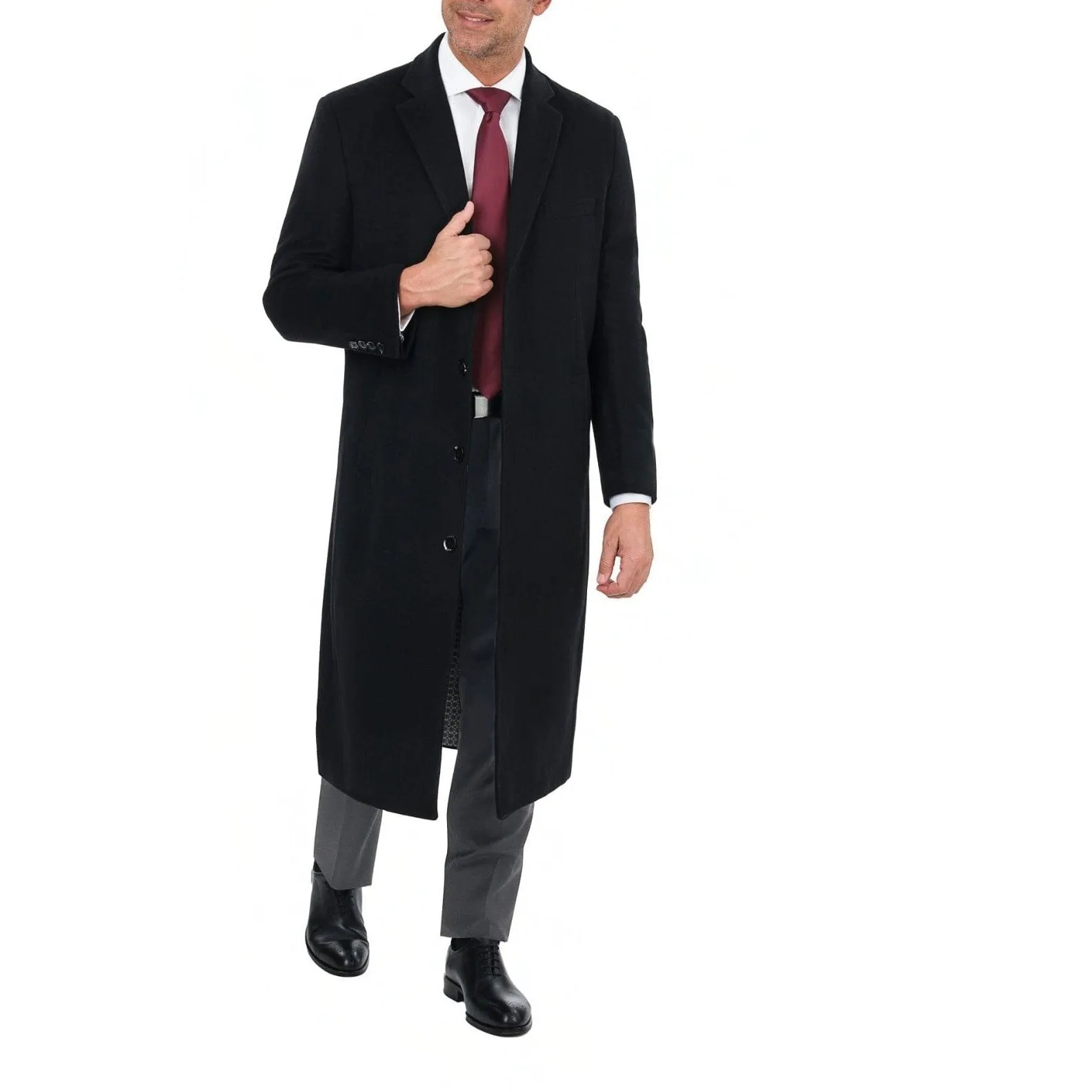 Mens Classic Fit Black Full Length Single Breasted Wool Cashmere Overcoat