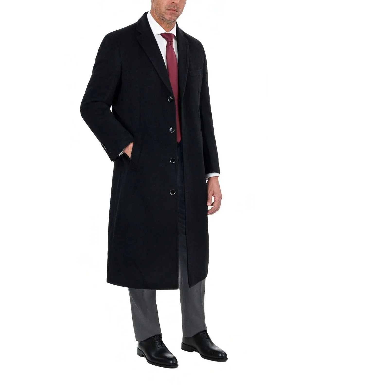 Mens Classic Fit Black Full Length Single Breasted Wool Cashmere Overcoat