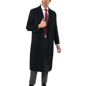 Mens Classic Fit Black Full Length Single Breasted Wool Cashmere Overcoat