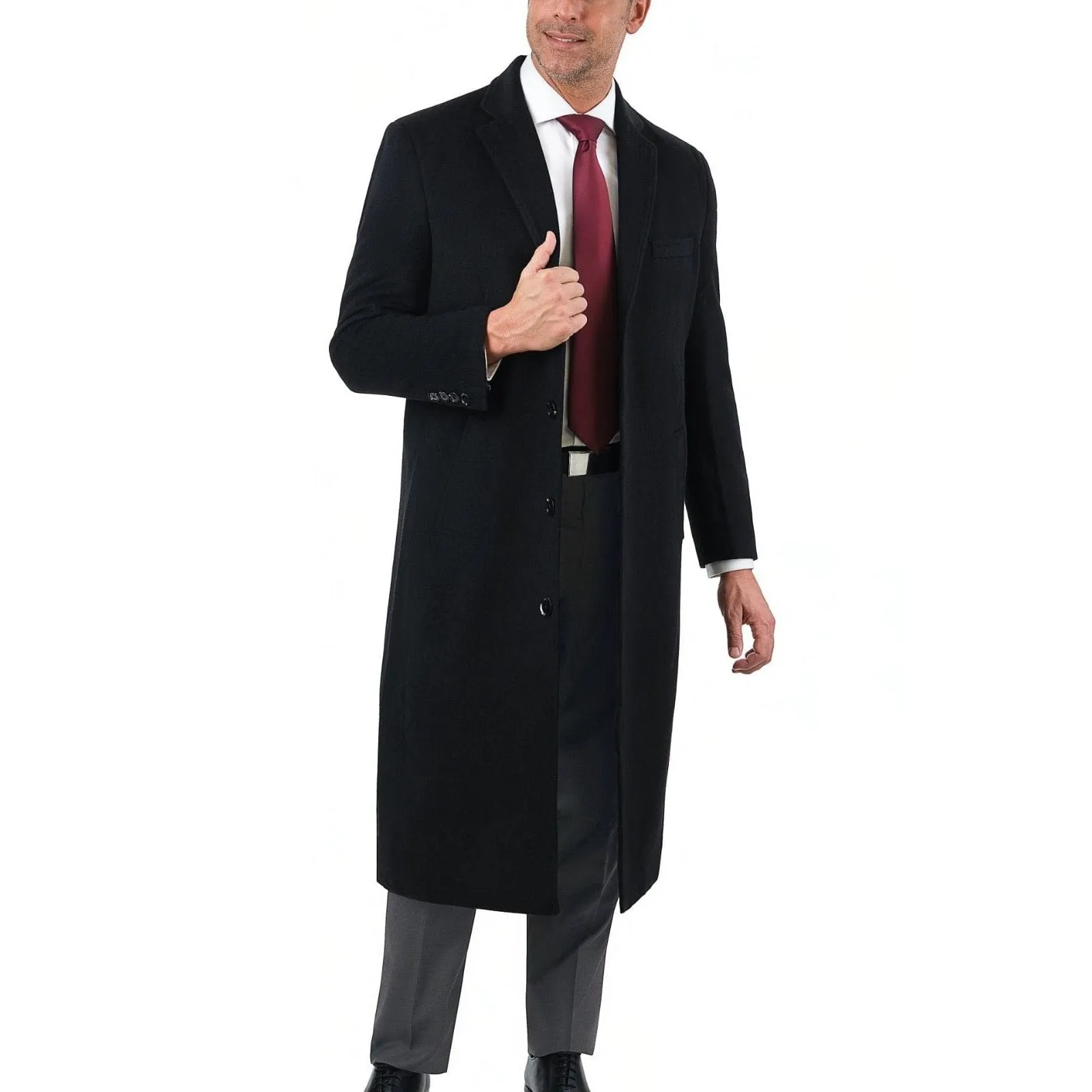 Mens Classic Fit Black Full Length Single Breasted Wool Cashmere Overcoat