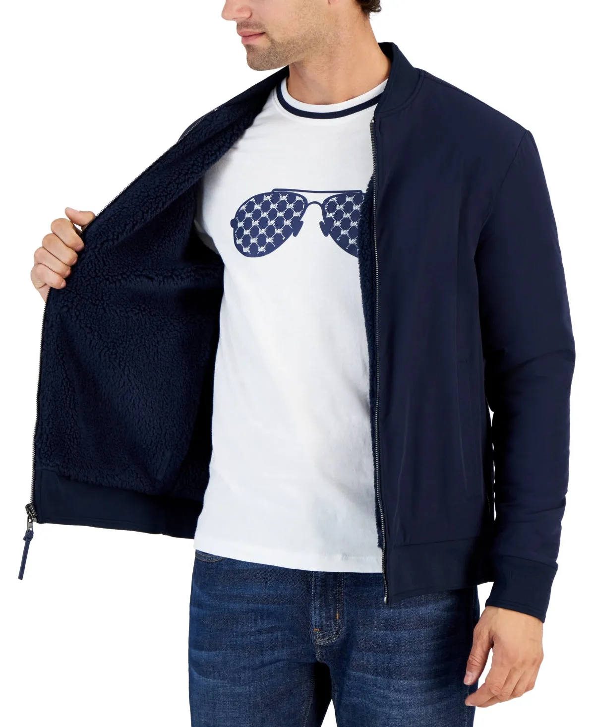 Michael Kors Mens Fleece Reversible Zip Front Jacket Coat  Midnight Blue  2XL