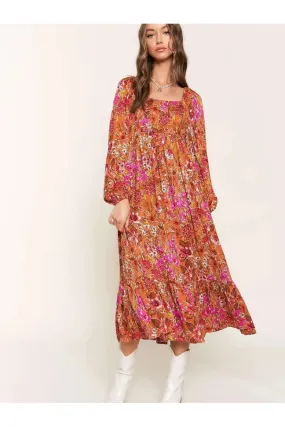 Orange Midi Dress with Long Balloon Sleeve