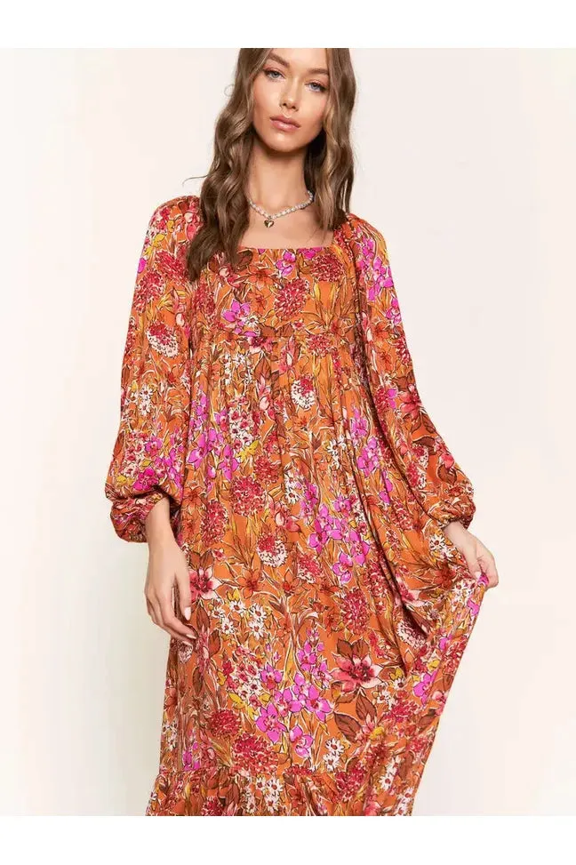Orange Midi Dress with Long Balloon Sleeve