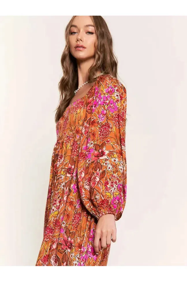 Orange Midi Dress with Long Balloon Sleeve