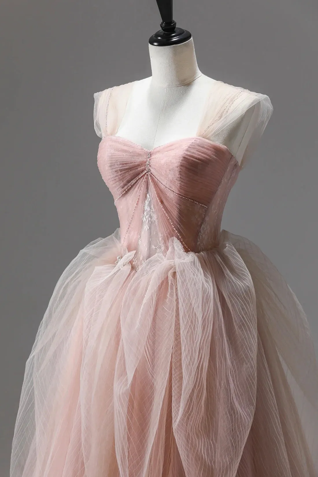 Pink Tulle Lace Long Formal Dress, A-Line Off Shoulder Pink Prom Party Dress