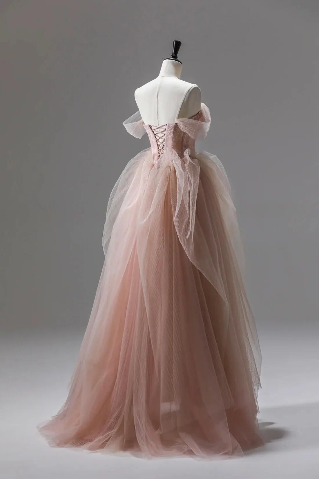 Pink Tulle Lace Long Formal Dress, A-Line Off Shoulder Pink Prom Party Dress