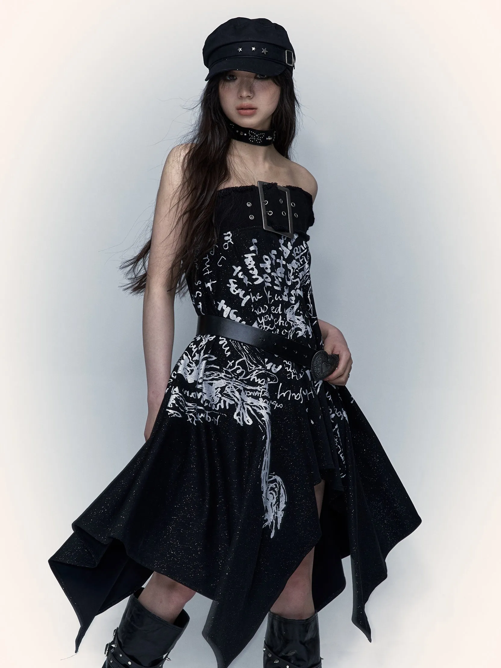 Print 2way Bare-top Belted Skirt