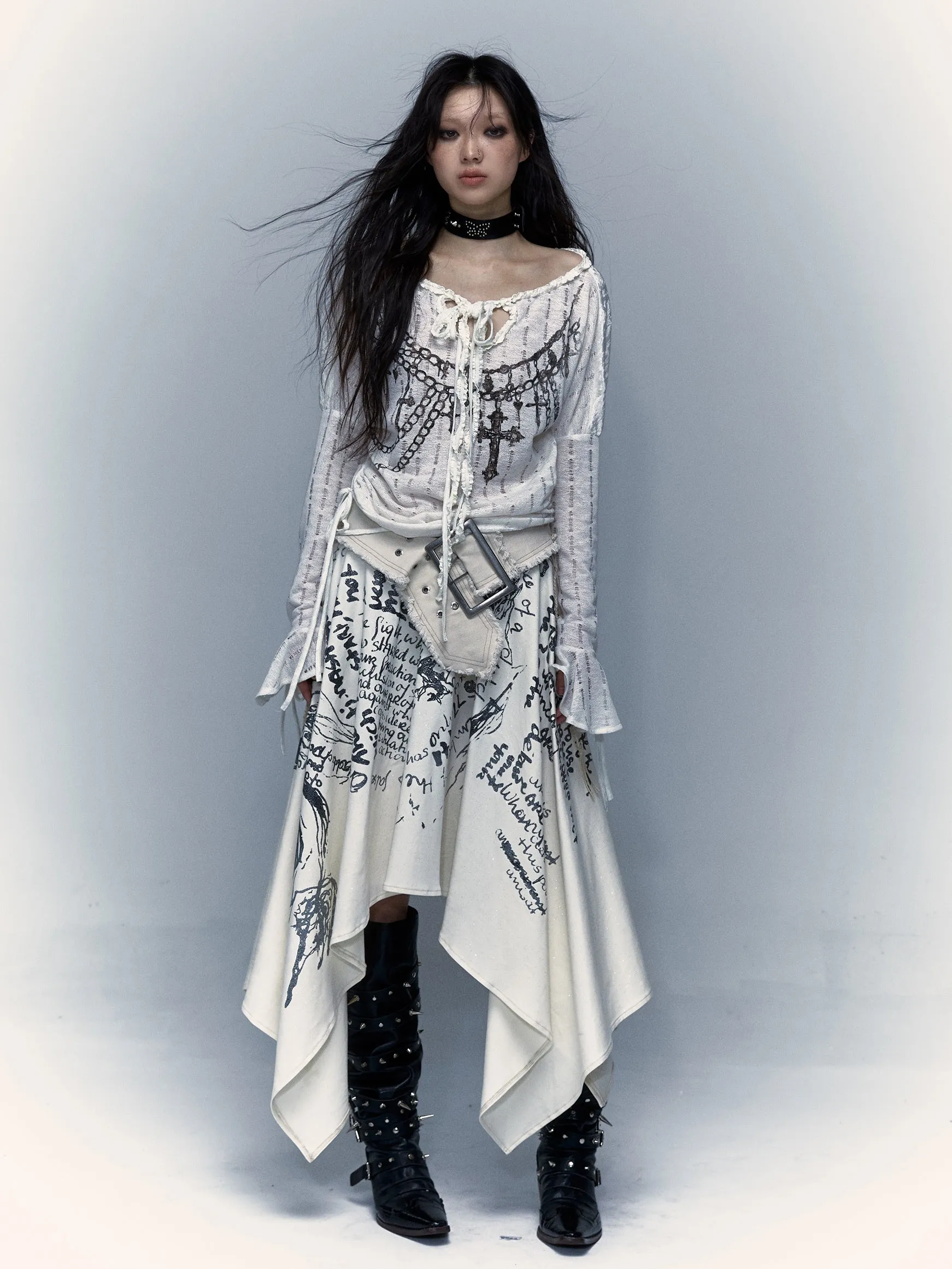 Print 2way Bare-top Belted Skirt