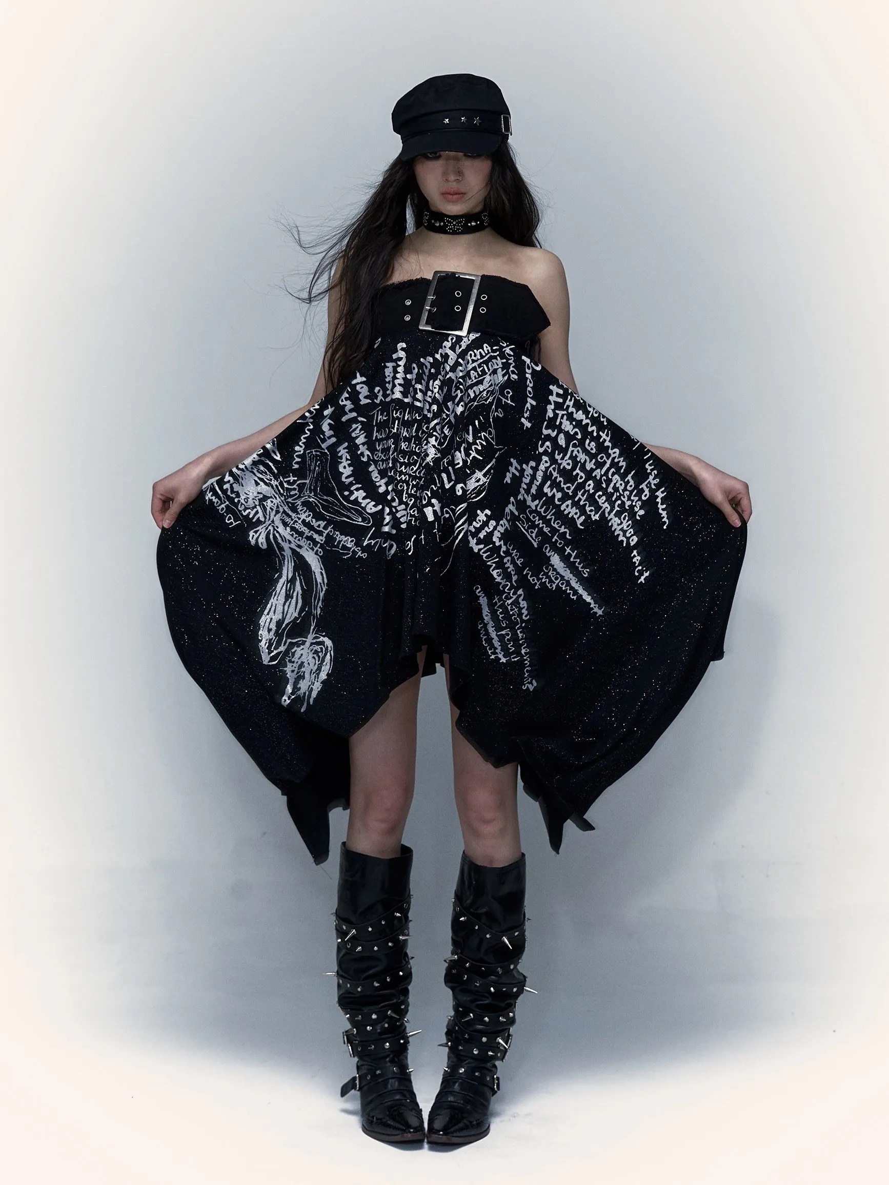 Print 2way Bare-top Belted Skirt