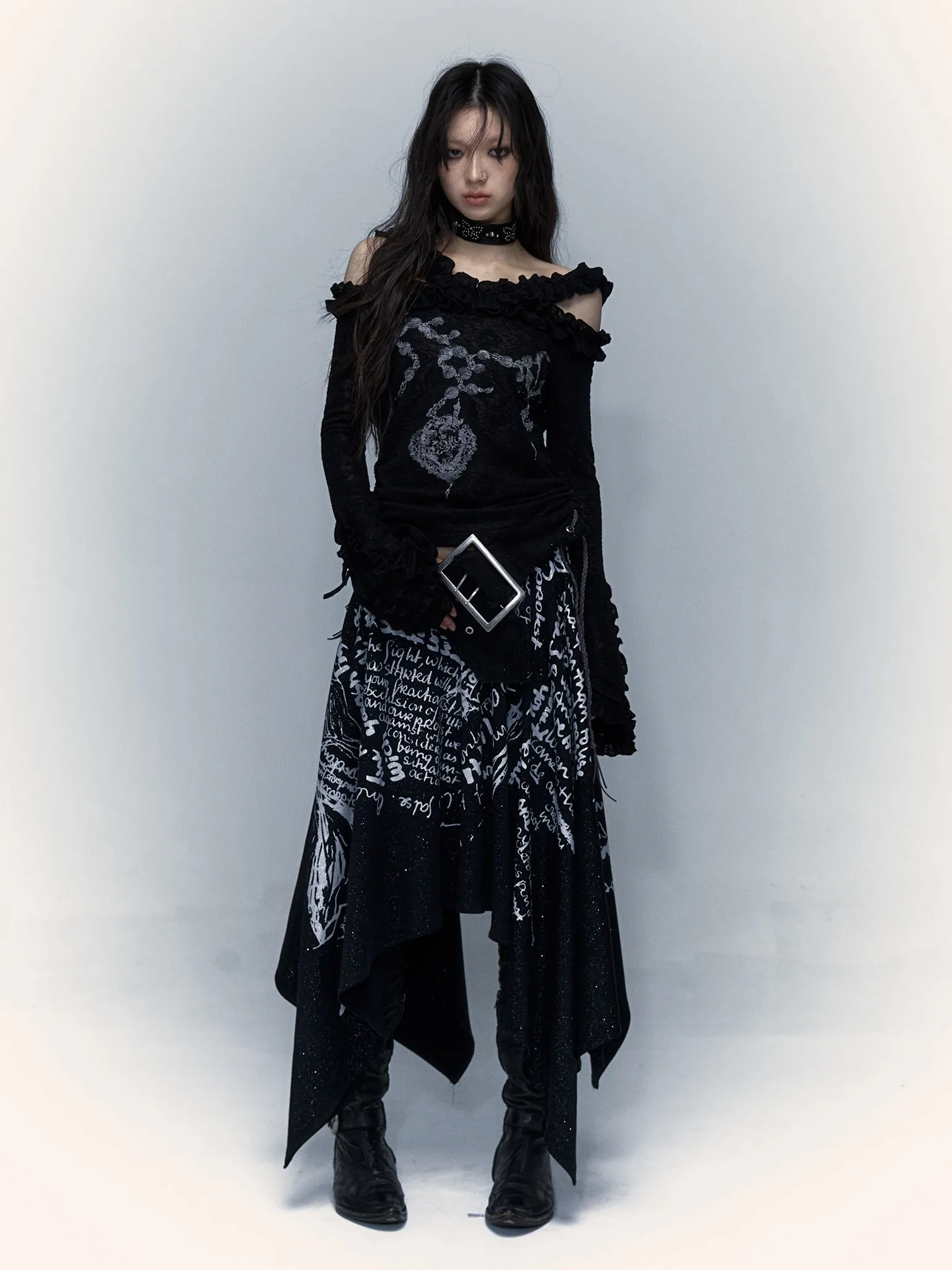 Print 2way Bare-top Belted Skirt